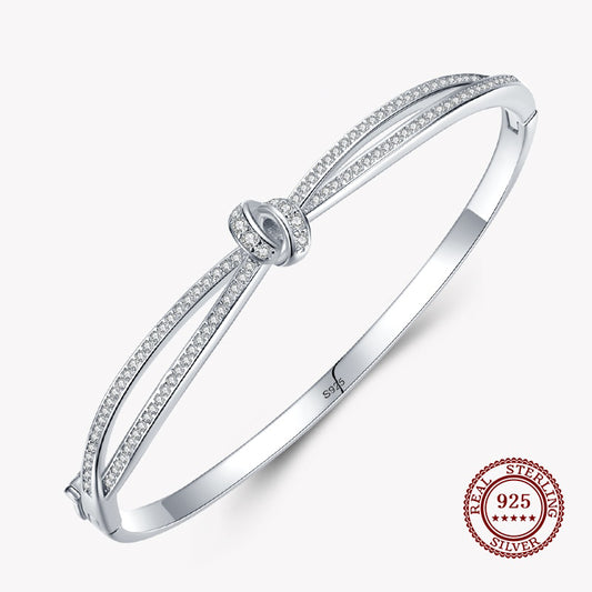 Bangle Bracelet with a Knot and Two Lines with Small Diamonds in 925 Sterling Silver Affordable Fine Jewelry