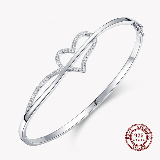 Bangle Bracelet with Large Hear covered in Small Diamonds in 925 Sterling Silver Affordable Fine Jewelry