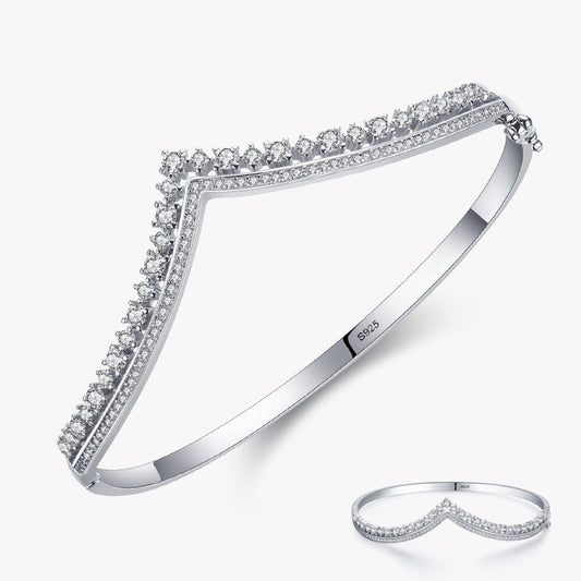 Bangle Pointy Bracelet in Two Lines with Diamonds Tiara Like in 925 Sterling Silver Affordable Fine Jewelry