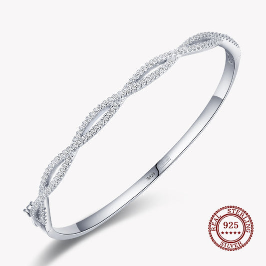 Two Twisted Diamond Lines Bangle Bracelet with Small Diamonds in 925 Sterling Silver Affordable Fine Jewelry