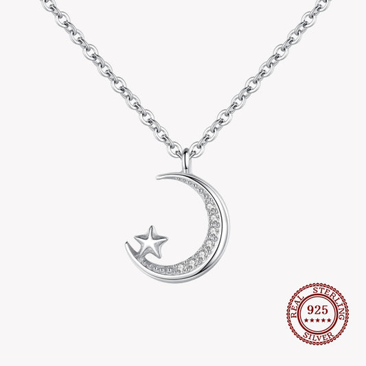 New Moon and a Star Pendant Necklace with Small Diamonds in 925 Sterling Silver Affordable Fine Jewelry