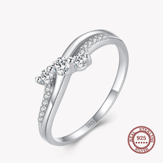 Two Lined Band Ring with Three Diamond and Small Diamonds in 925 Sterling Silver Affordable Fine Jewelry