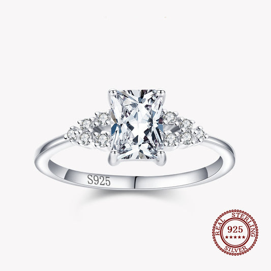 Band Ring with Large Zirconia Square Diamond and Small Diamonds on the Sides in 925 Sterling Silver Affordable Fine Jewelry