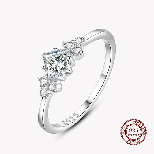Band Ring with Large Square Diamond and Small Round Diamonds in 925 Sterling Silver Affordable Fine Jewelry