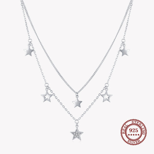 Strand Two Chained Necklace with Pendant Stars and Diamond Star in 925 Sterling Silver Affordable Fine Jewelry