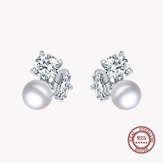Stud Earrings with a Pearl and Zirconia Diamond in 925 Sterling Silver Affordable Fine Jewelry