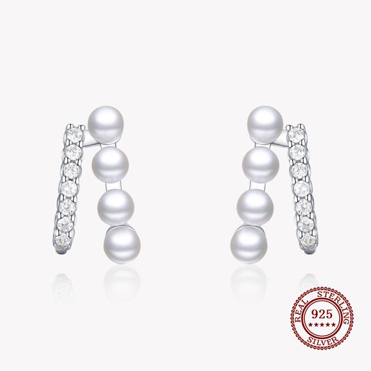 Geometric Stud Earrings with Four Pearls and Small Diamonds in 925 Sterling Silver Affordable Fine Jewelry