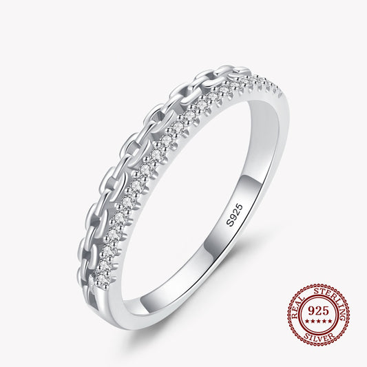 Two Lined Band Ring with a Chained Line and a Diamond Line in 925 Sterling Silver Affordable Fine Jewelry