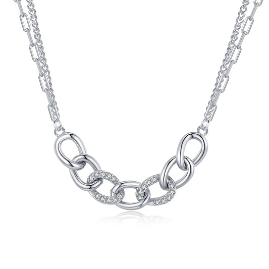 Chained Pendant Necklace with Two Different Chains covered in Small Diamonds in 925 Sterling Silver Affordable Fine Jewelry